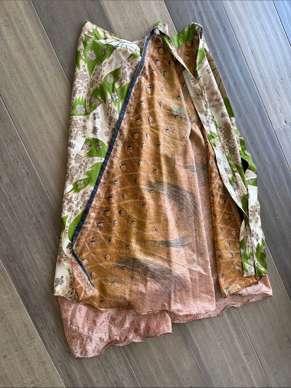 Bohemian Patchwork, Reversible Silk Maxi Skirt in Green, Cream and Pink